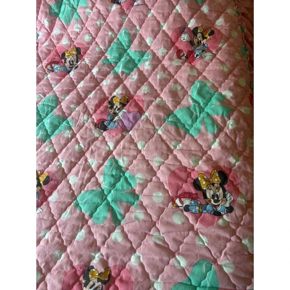 Vintage 90s Minnie Mouse Twin Bedspread Ruffle Coverlet Quilt Pink Polka‎ Dot
